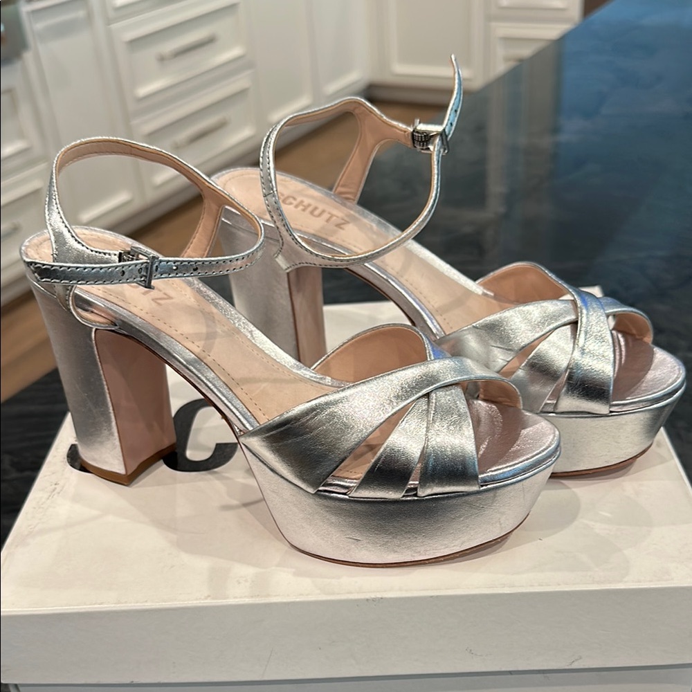 SCHUTZ Metallic Silver Platform Strappy Block Heel Sandals